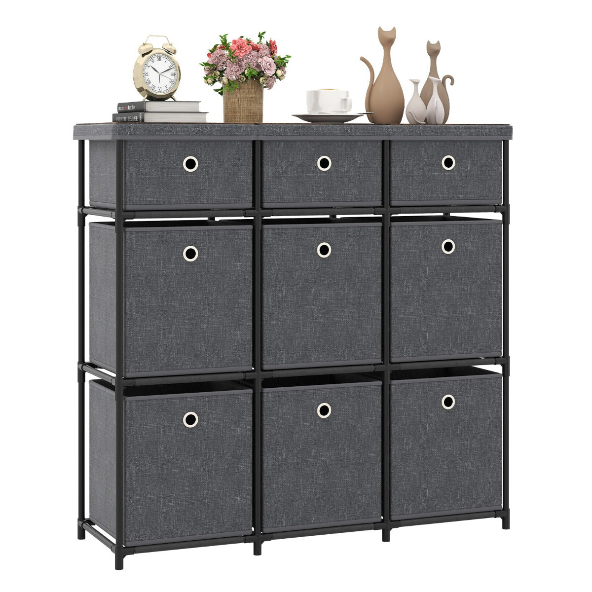 Com¨° con 9 cassetti e cassetti in tessuto pieghevoli, Com¨° in tessuto con spazio di stoccaggio e struttura metallica Grigio-Cassettiere