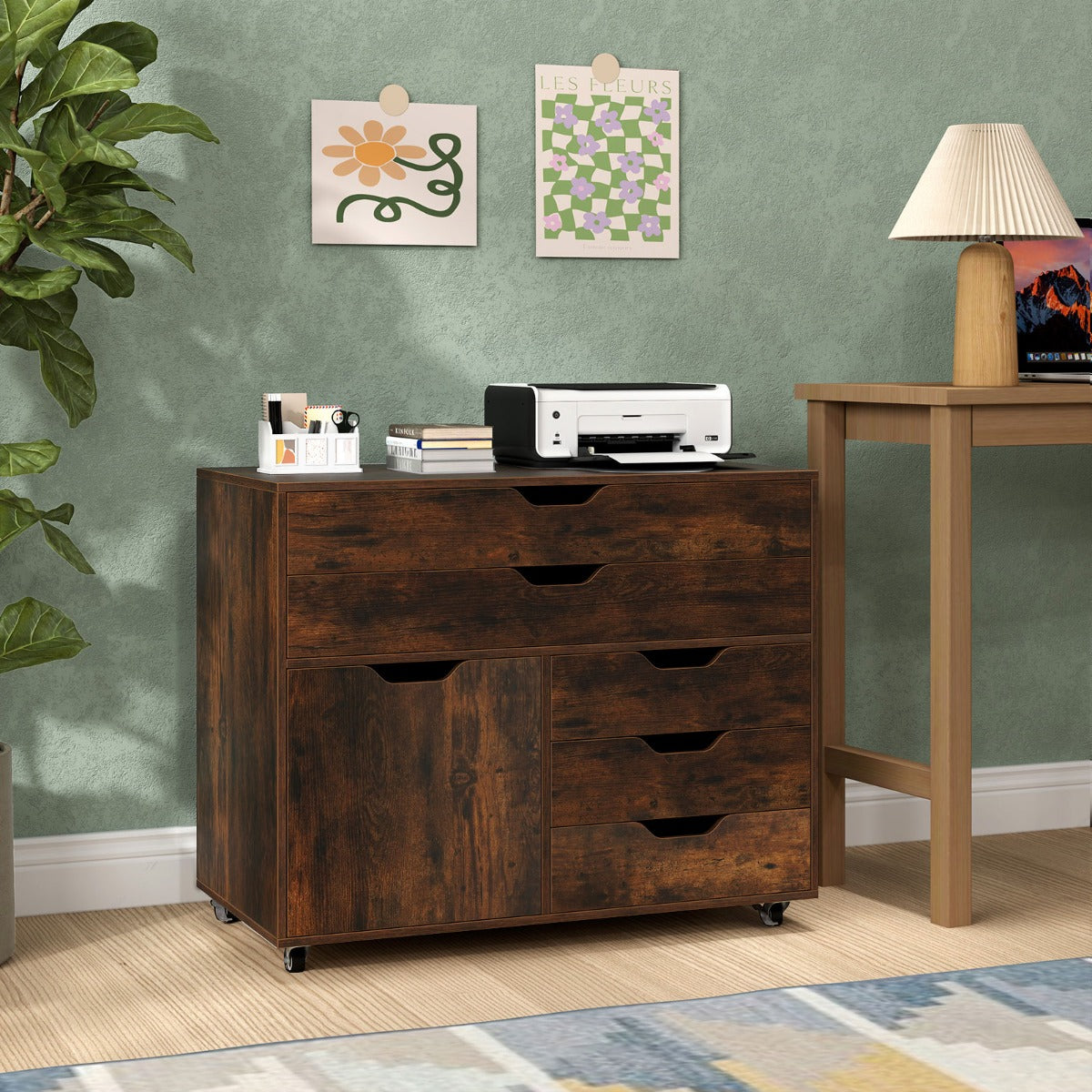 Armadietto laterale per archivio e supporto per stampante per soggiorno studio, Com¨° a 5 cassetti con porta 5 ruote Marrone-Armadi da ufficio