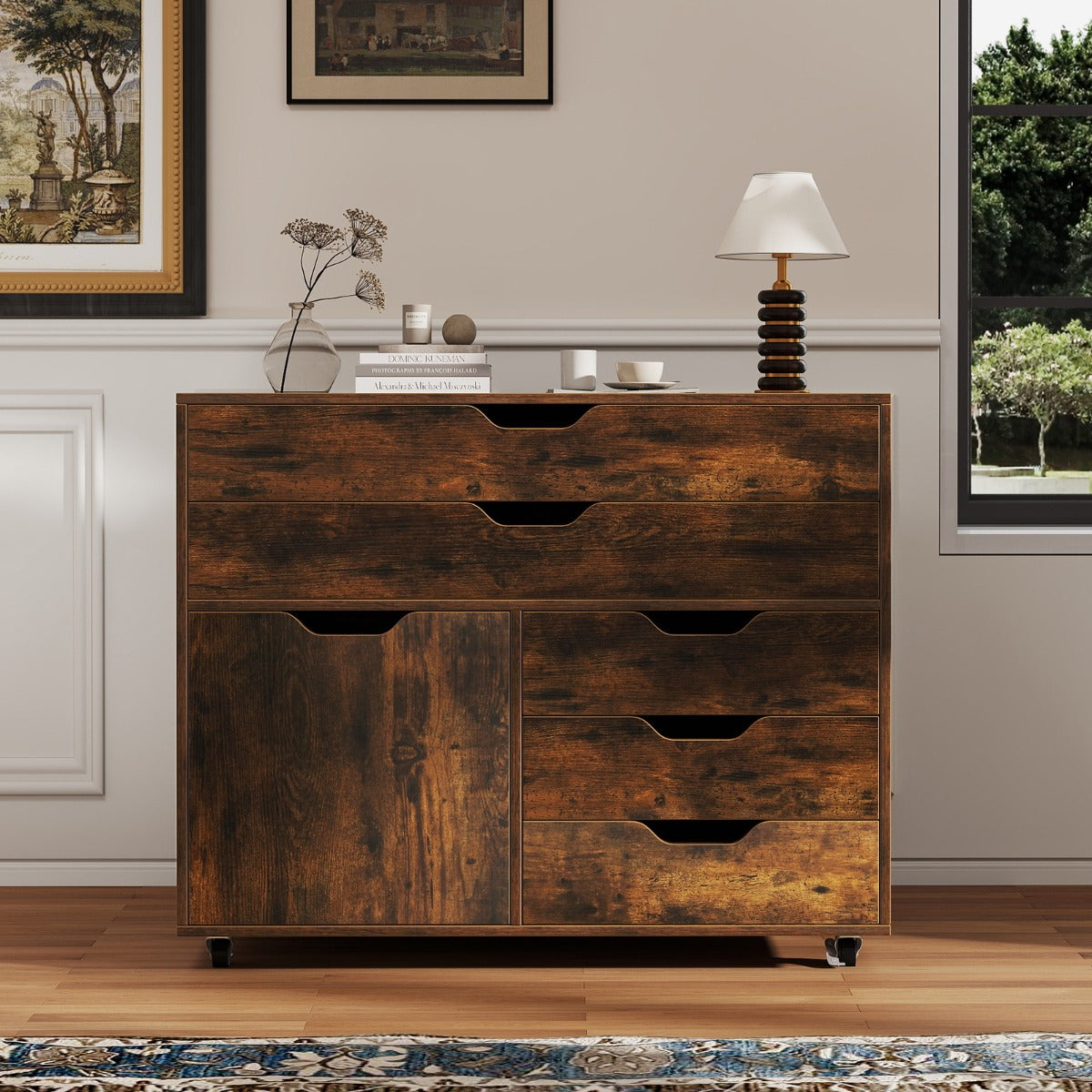 Armadietto laterale per archivio e supporto per stampante per soggiorno studio, Com¨° a 5 cassetti con porta 5 ruote Marrone-Armadi da ufficio