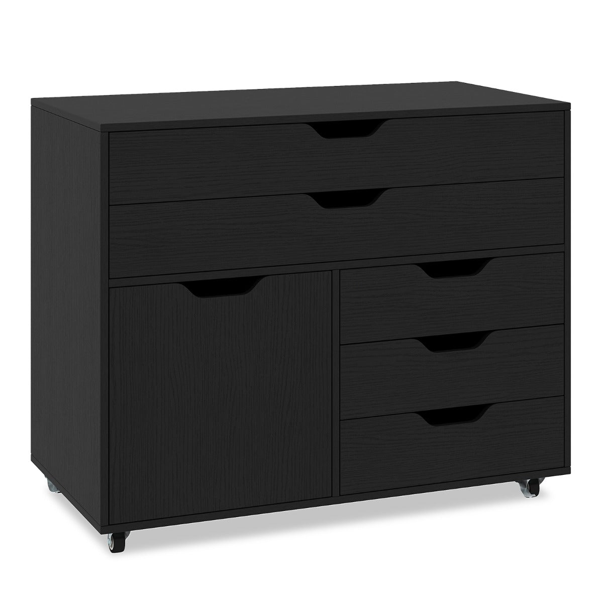 Armadietto laterale per archivio e supporto per stampante per soggiorno studio, Com¨° a 5 cassetti con porta 5 ruote Nero-Armadi da ufficio
