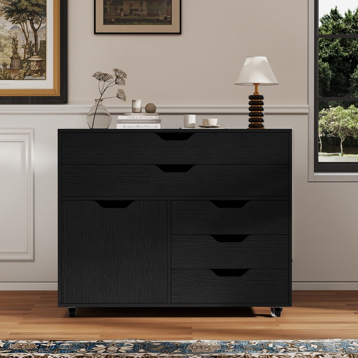 Armadietto laterale per archivio e supporto per stampante per soggiorno studio, Com¨° a 5 cassetti con porta 5 ruote Nero-Armadi da ufficio