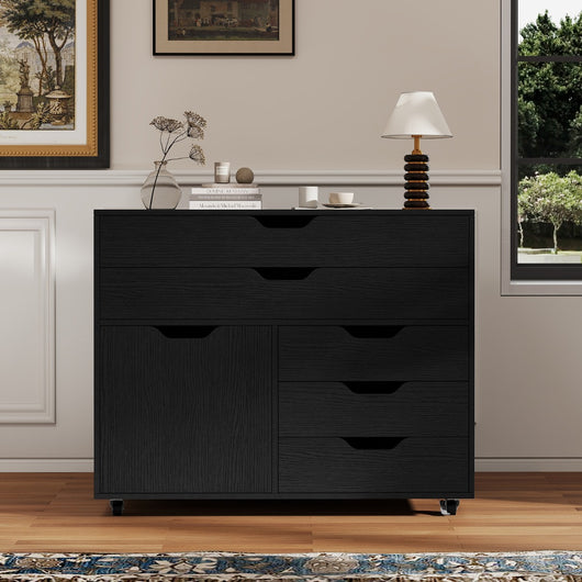 Armadietto laterale per archivio e supporto per stampante per soggiorno studio, Com¨° a 5 cassetti con porta 5 ruote Nero-Armadi da ufficio