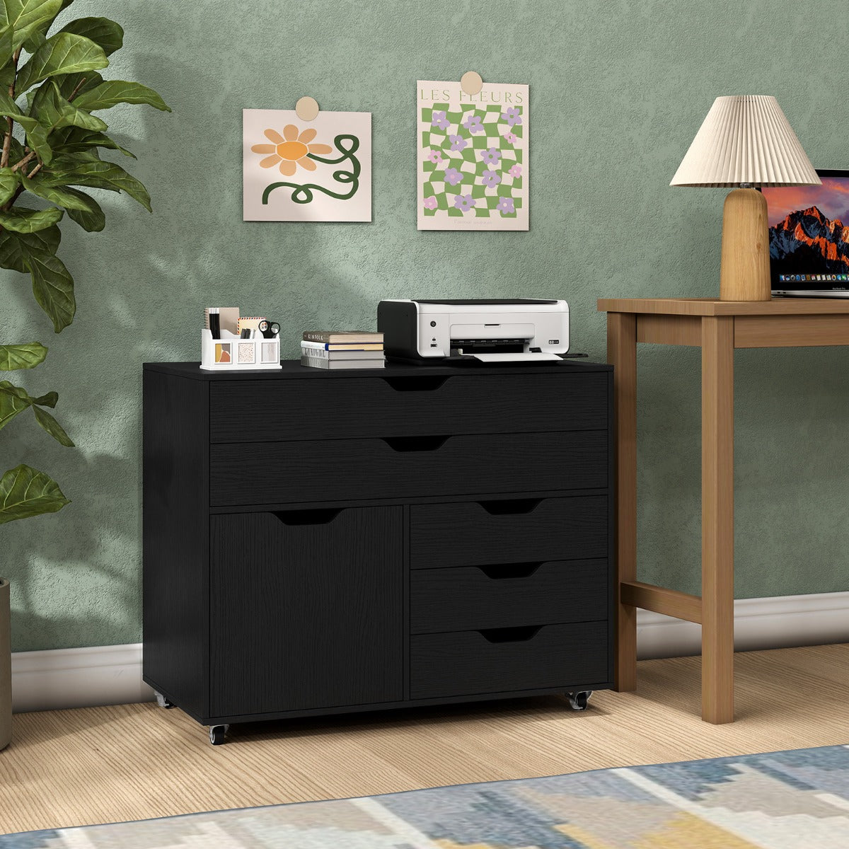 Armadietto laterale per archivio e supporto per stampante per soggiorno studio, Com¨° a 5 cassetti con porta 5 ruote Nero-Armadi da ufficio