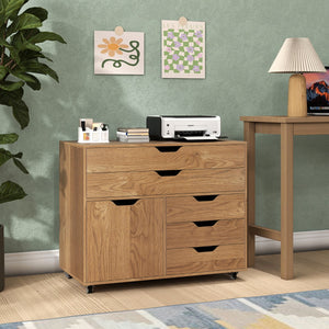 Armadietto laterale per archivio e supporto per stampante per soggiorno studio, Com¨° a 5 cassetti con porta 5 ruote Legno naturale-Armadi da ufficio