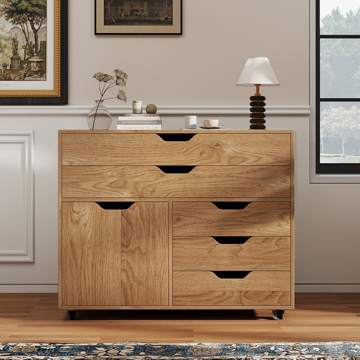 Armadietto laterale per archivio e supporto per stampante per soggiorno studio, Com¨° a 5 cassetti con porta 5 ruote Legno naturale-Armadi da ufficio