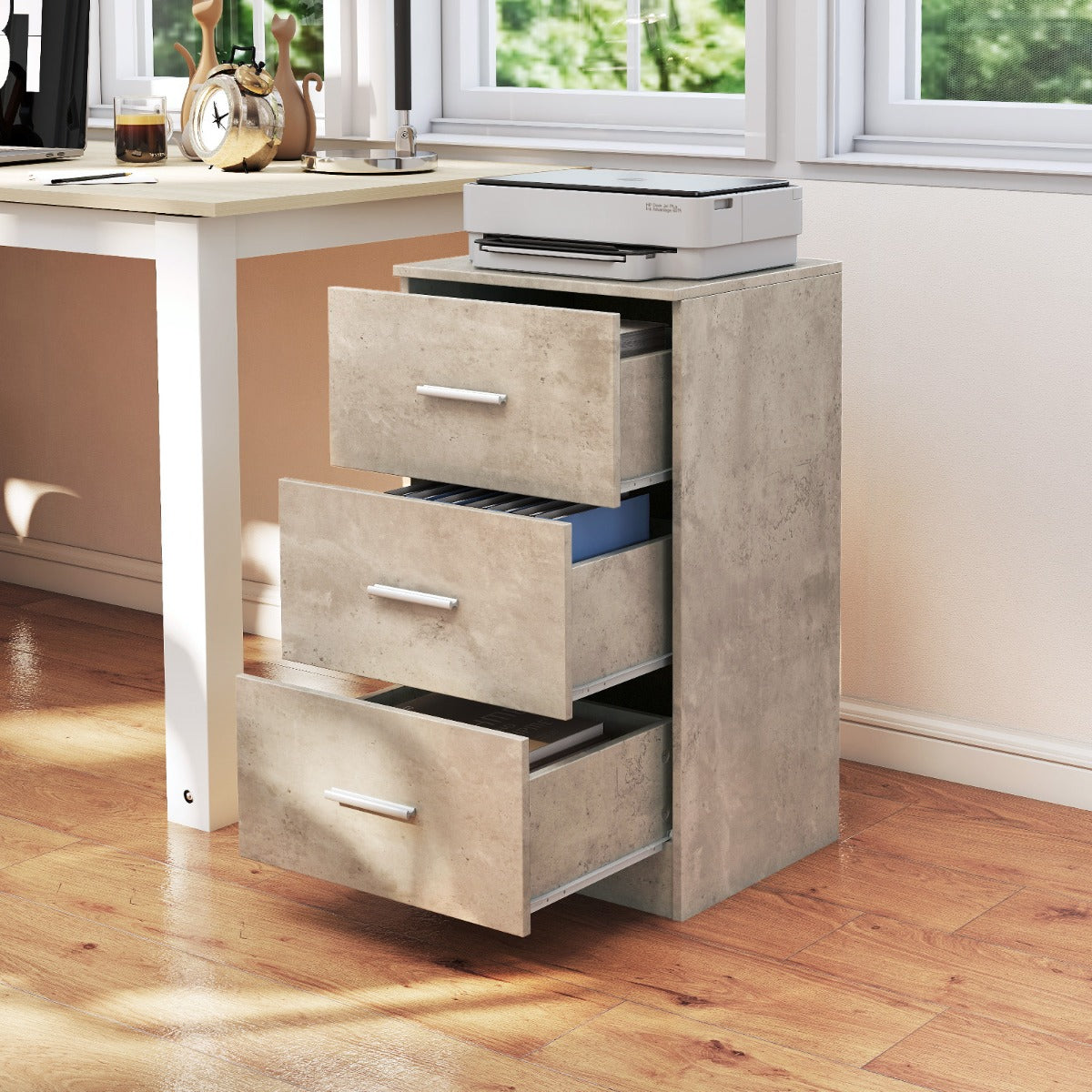 Com¨° in legno a 3 cassetti comodino con 3 cassetti e dispositivo antiribaltamento-Maniglie in metallo organizzatore per camera da letto Grigio