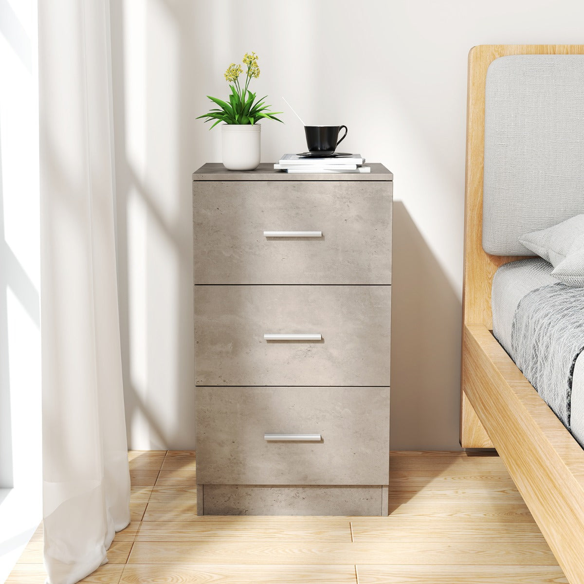 Com¨° in legno a 3 cassetti comodino con 3 cassetti e dispositivo antiribaltamento-Maniglie in metallo organizzatore per camera da letto Grigio