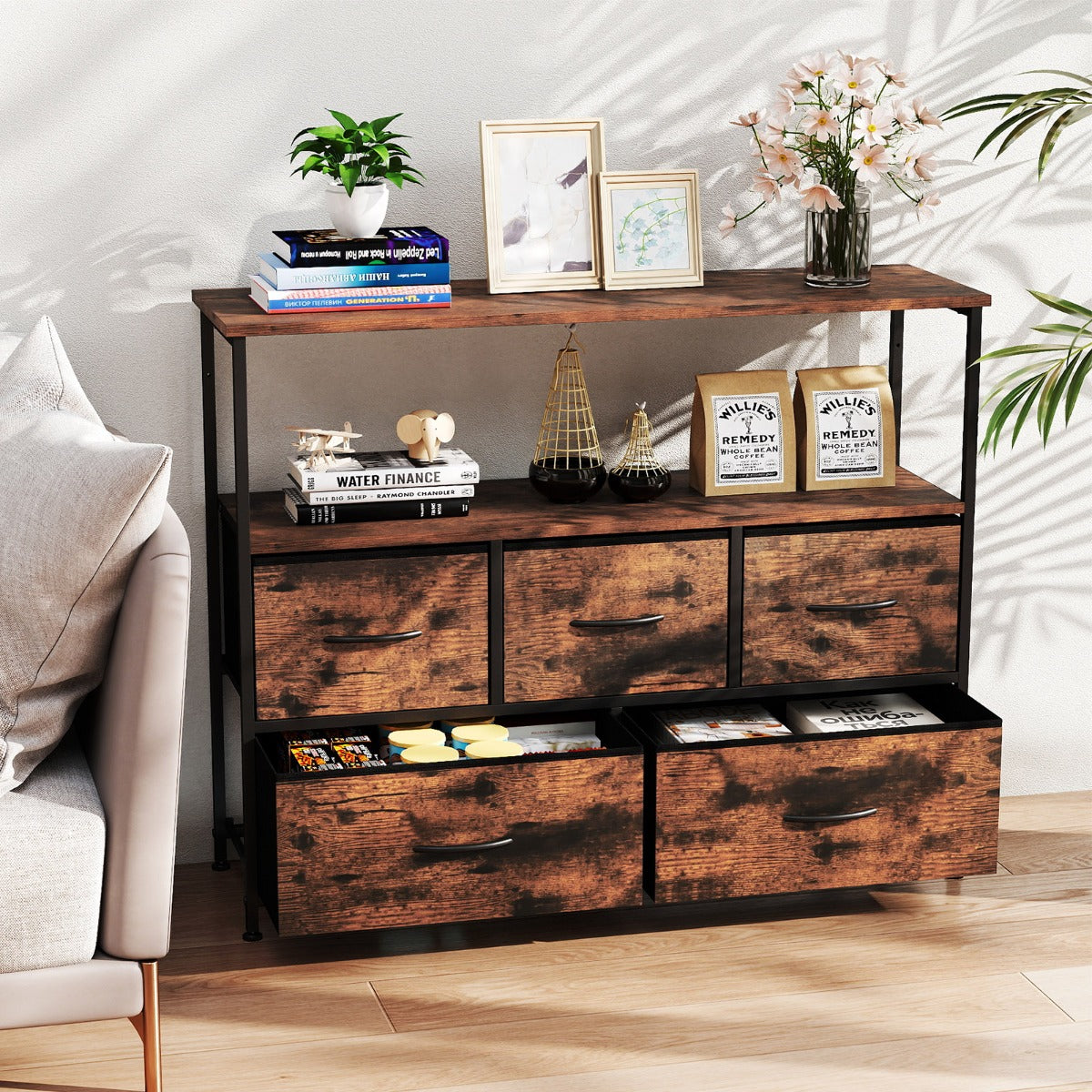 Com¨° per camera da letto con 5 cassetti cassettone in legno, Com¨° unit¨¤ organizzatore per conservazione Marrone-Mobili porta TV