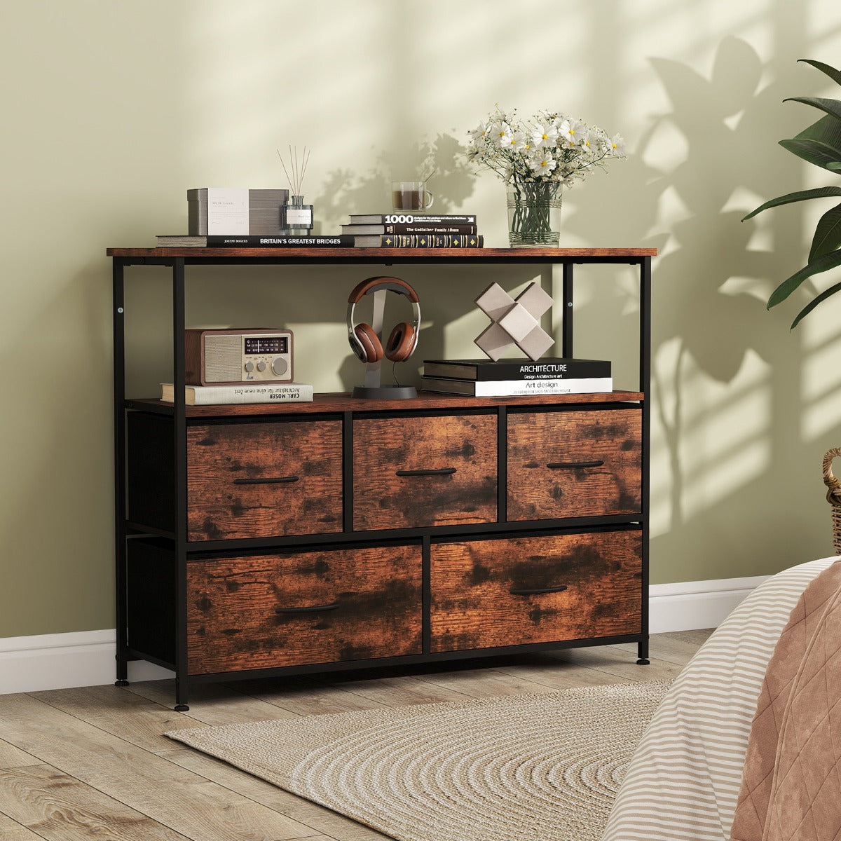 Com¨° per camera da letto con 5 cassetti cassettone in legno, Com¨° unit¨¤ organizzatore per conservazione Marrone-Mobili porta TV