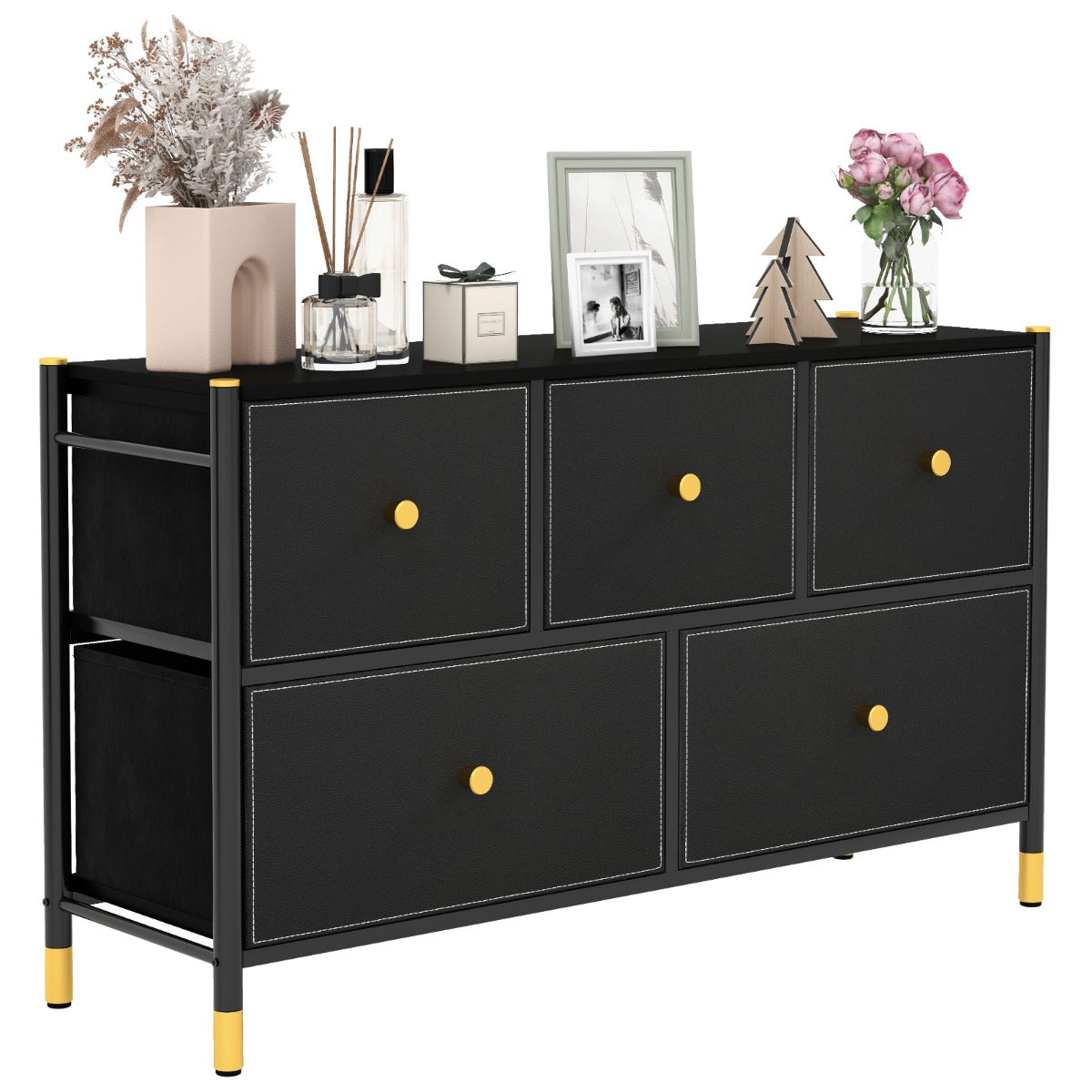 Com¨° per camera da letto con struttura metallica e cassettone, Unit¨¤ organizzatore da terra con cesti Nero 100x30x58,5cm-Cassettiere