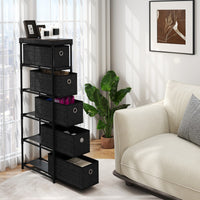 Com¨° stretto con struttura in metallo e 5 cassetti, Com¨° salvaspazio con piano in legno e maniglie Nero-Cassettiere