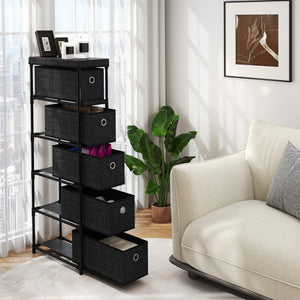 Com¨° stretto con struttura in metallo e 5 cassetti, Com¨° salvaspazio con piano in legno e maniglie Nero-Cassettiere