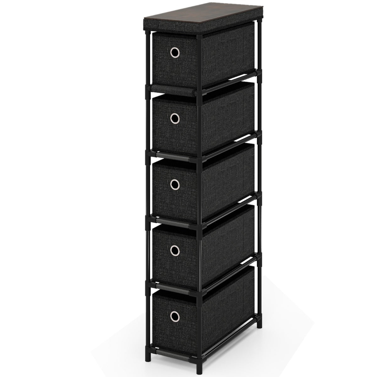 Com¨° stretto con struttura in metallo e 5 cassetti, Com¨° salvaspazio con piano in legno e maniglie Nero-Cassettiere