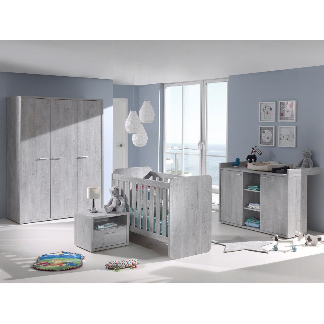 Comò per bambini robusto con fasciatoio integrato colore grigio effetto legno collezione MATHEO