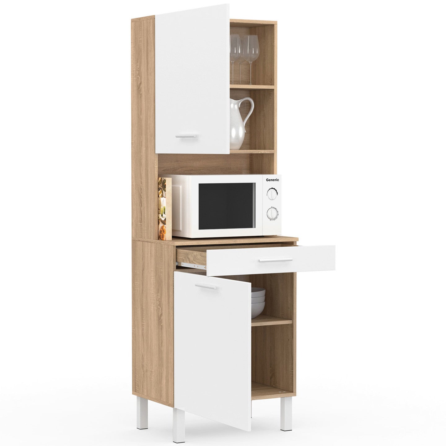 IDMarket - Comò da cucina CINA 60 CM 2 ante + cassetto, finitura faggio e bianco