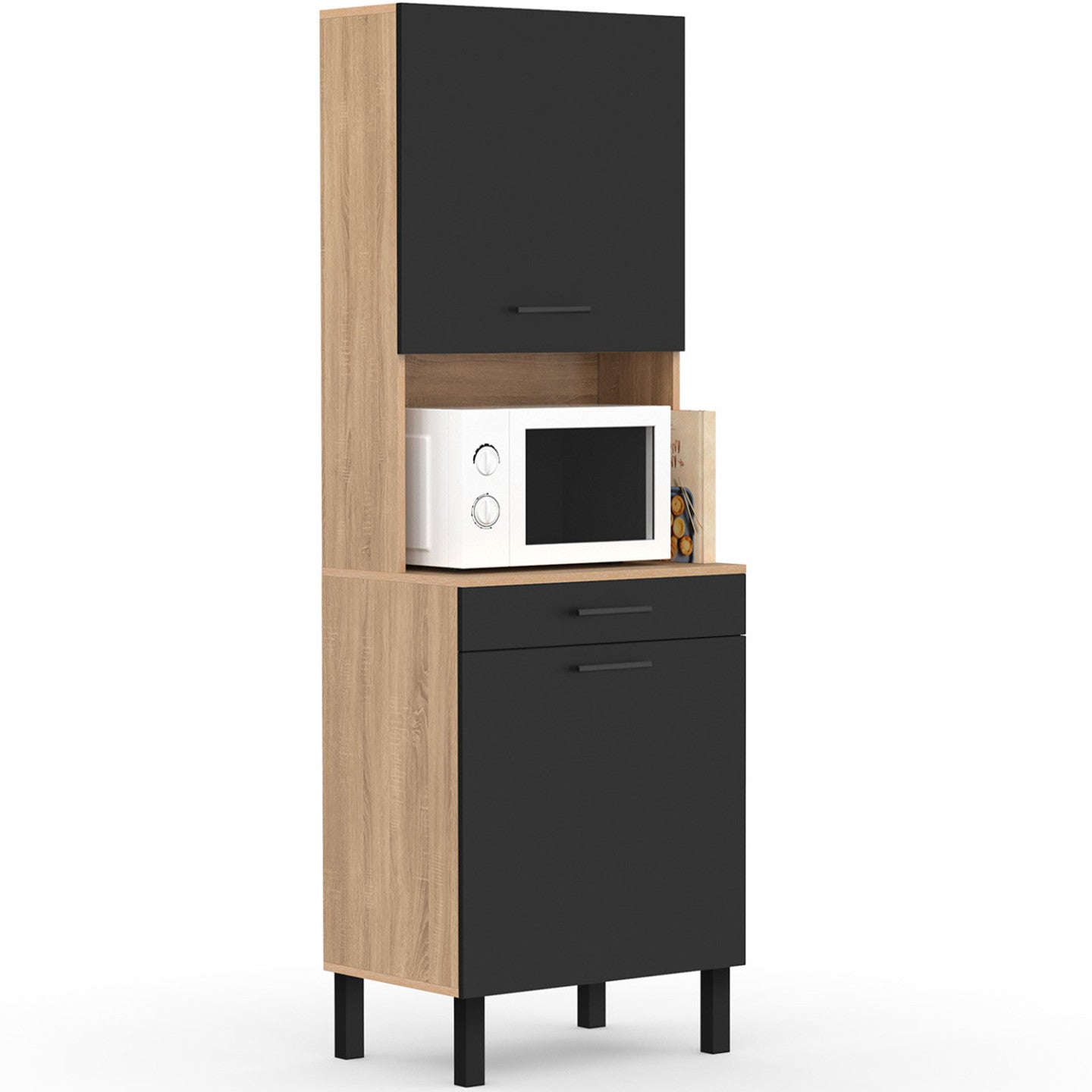 IDMarket - Comò da cucina CINA 60 CM 2 ante + cassetto, finitura faggio e nero