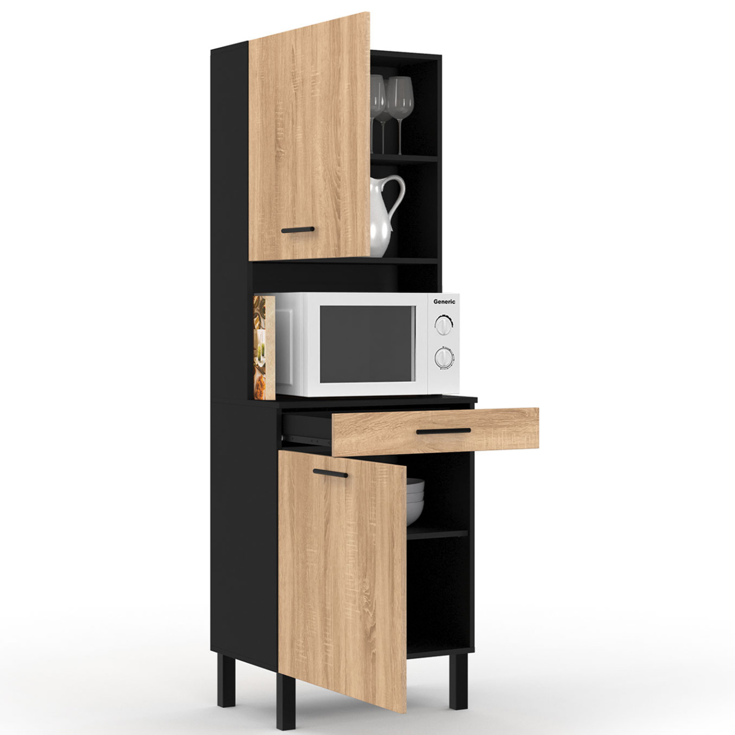 IDMarket - Comò da cucina CINA 60 CM 2 ante + cassetto look nero e faggio