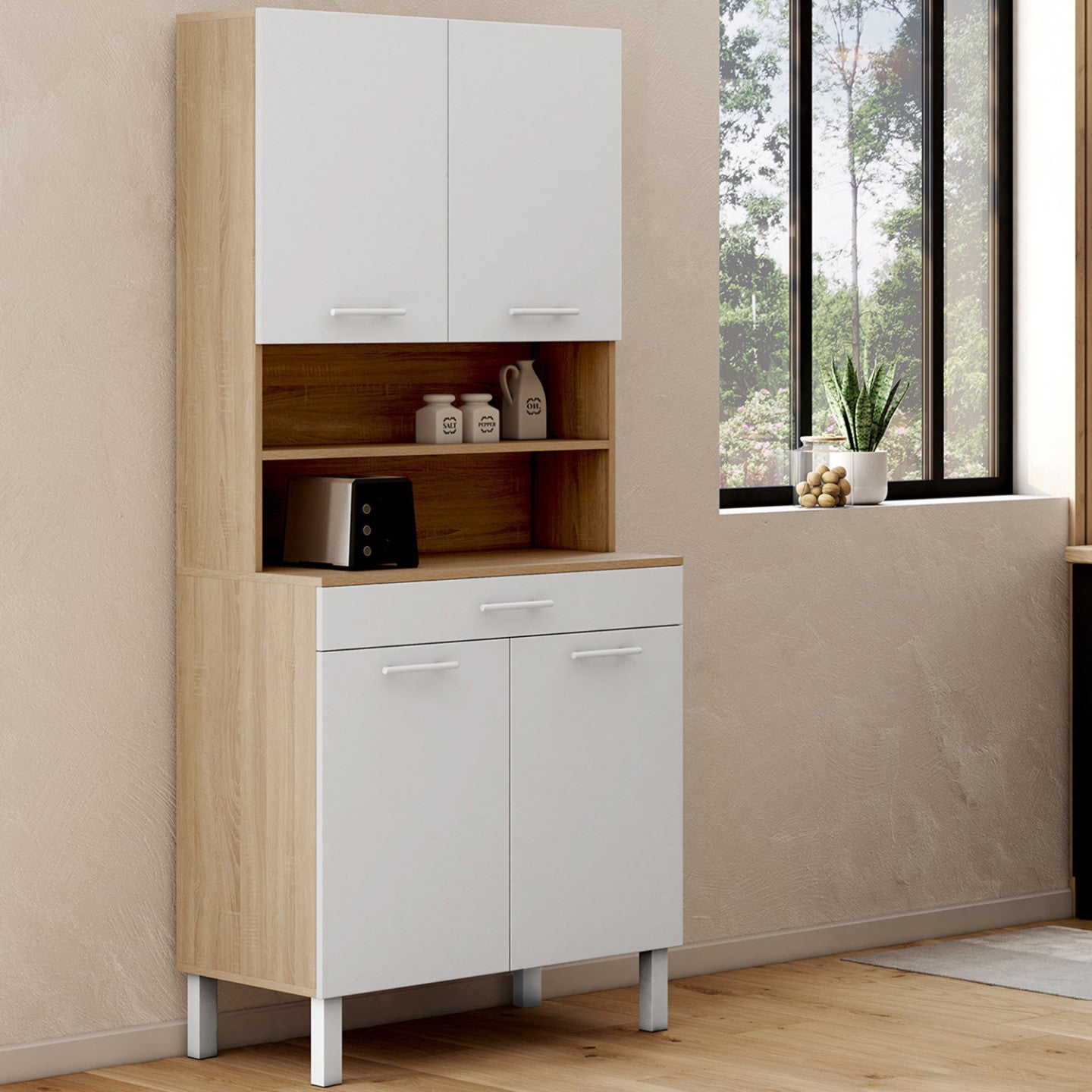 IDMarket - Comò da cucina CINA 80 CM con 4 ante + cassetto, finitura faggio e bianco