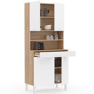 IDMarket - Comò da cucina CINA 80 CM con 4 ante + cassetto, finitura faggio e bianco