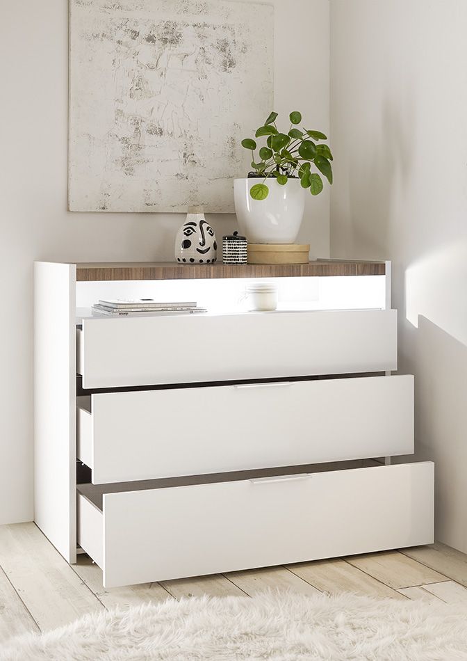 Comò moderno 3 cassetti, finitura Bianco opaco e Noce Stelvio. Guide ammortizzate ZLCCOMFULNS           