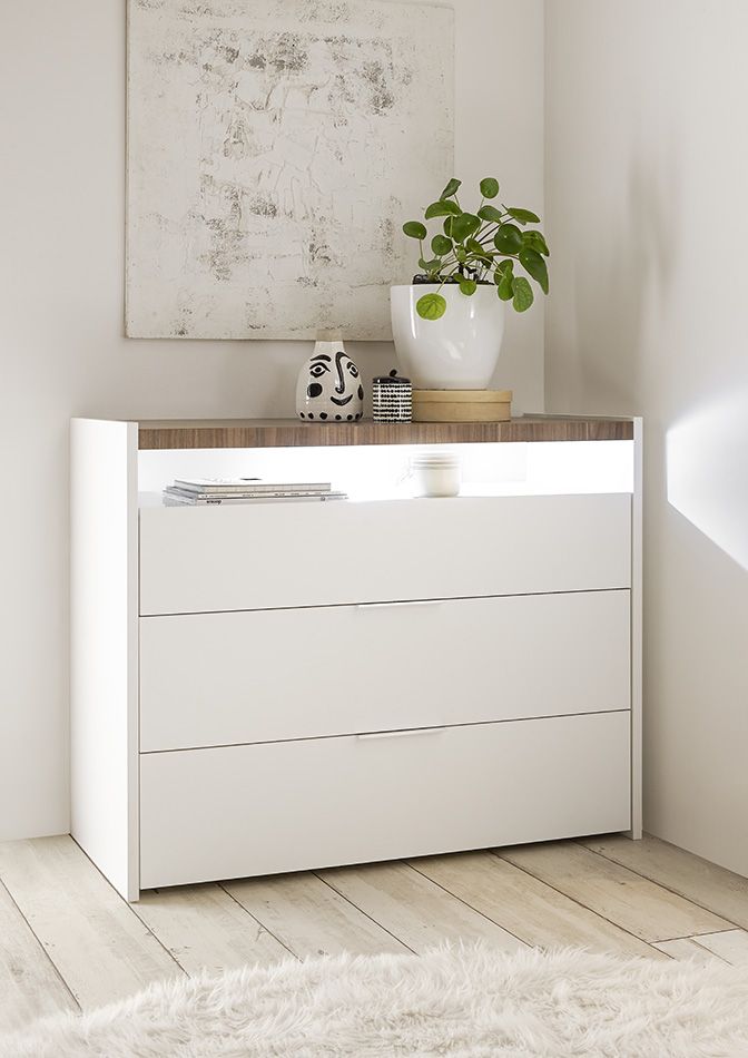 Comò moderno 3 cassetti, finitura Bianco opaco e Noce Stelvio. Guide ammortizzate ZLCCOMFULNS           