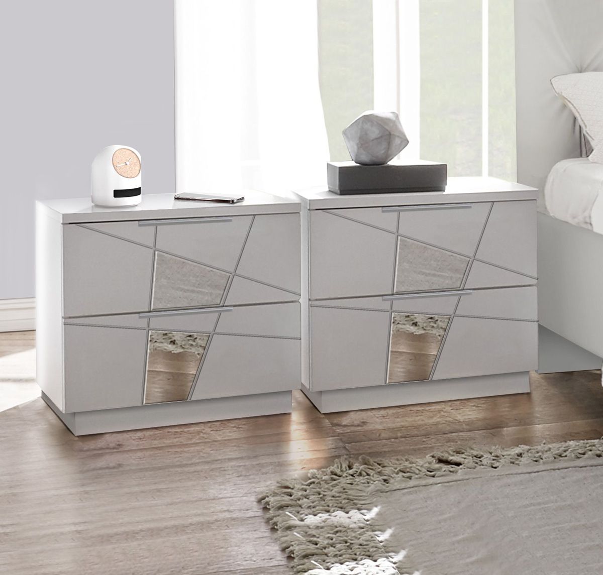 Comodini serigrafati con inserti specchio 2 cassetti, Bianchi ZLCVTTCOM                  