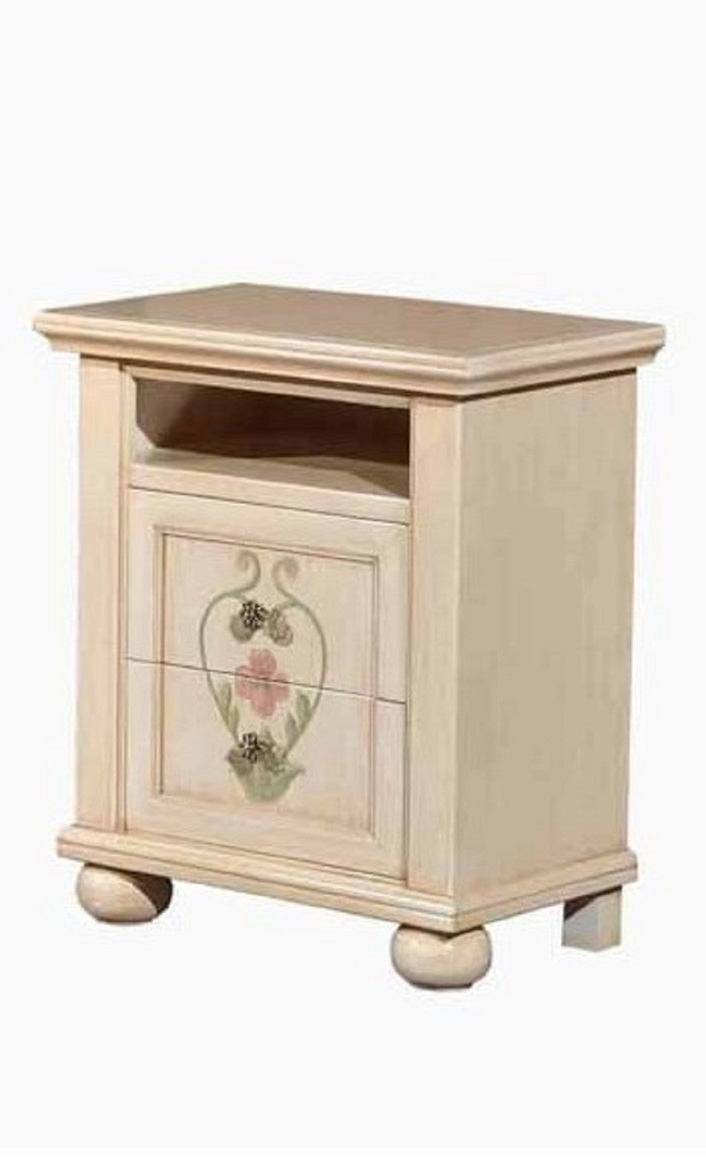 Comodino 2 cassetti avorio pennellato con decori l.57 p.35 h.66