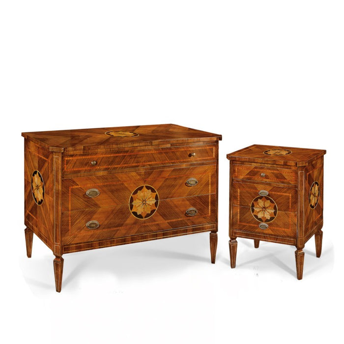 Comodino in legno 3 cassetti con intarsio l.57 p.39 h.77