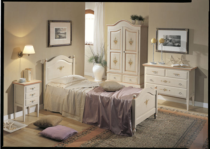 Comodino 3 cassetti bianco filo rosa in legno