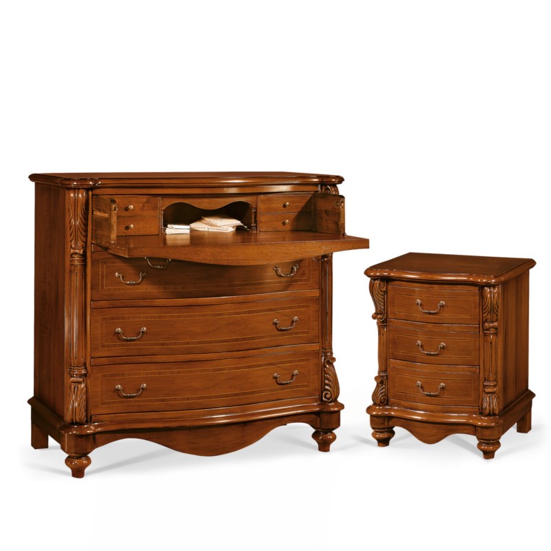 Comodino in legno 3 cassetti con intarsi e intagli