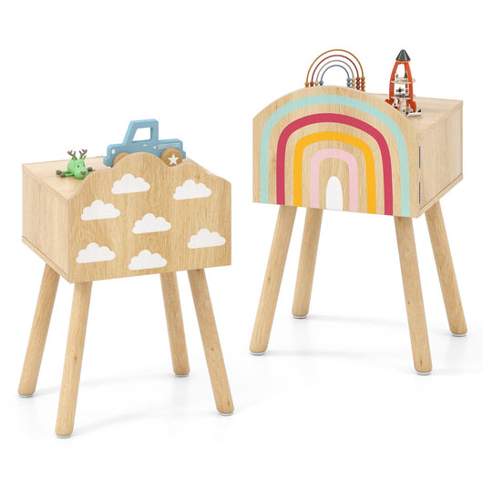 Tavolini carini con motivi di arcobaleni e nuvole gambe in legno massello-Set 2 comodini per bambini per camera da letto Naturale
