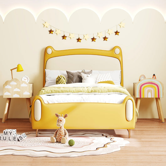 Tavolini carini con motivi di arcobaleni e nuvole gambe in legno massello-Set 2 comodini per bambini per camera da letto Naturale