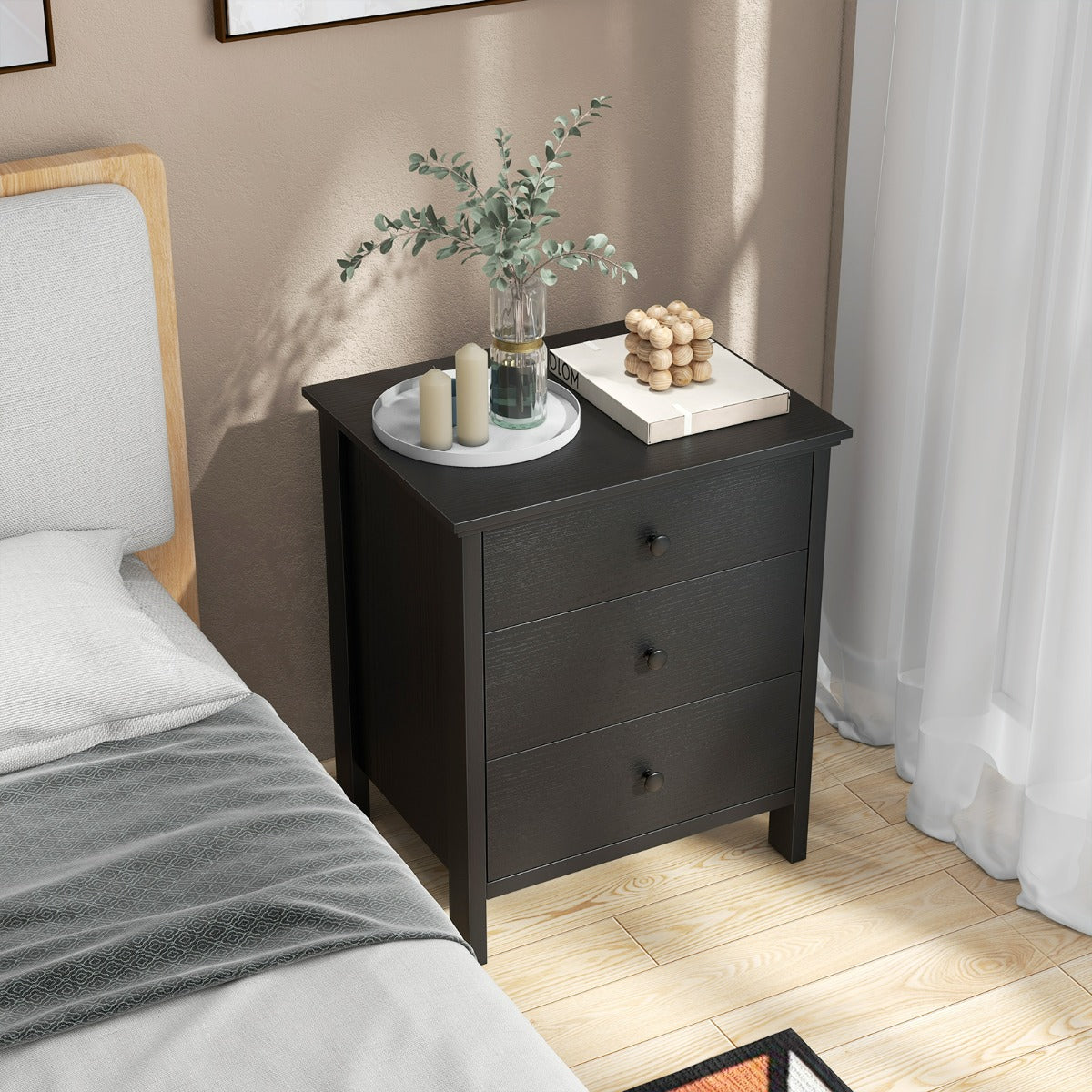 Comodino con 3 cassetti per camera da letto, Cassettiera compatta in legno con spazio di archiviazione per divano Nero-Comodini