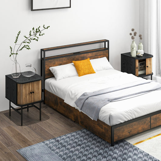 Comodino con ante scorrevoli scomparto chiuso gambe metalliche, Tavolino mid-centuryo laterale per soggiorno 2 Pezzi Nero-Comodini