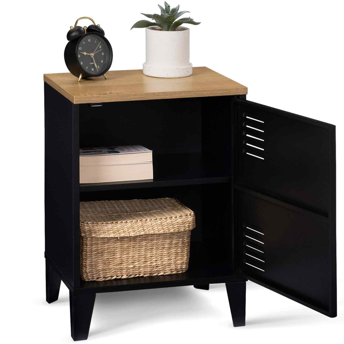 IDMarket - Comodino ESTER a 1 anta in metallo nero con piano in faggio in stile industriale