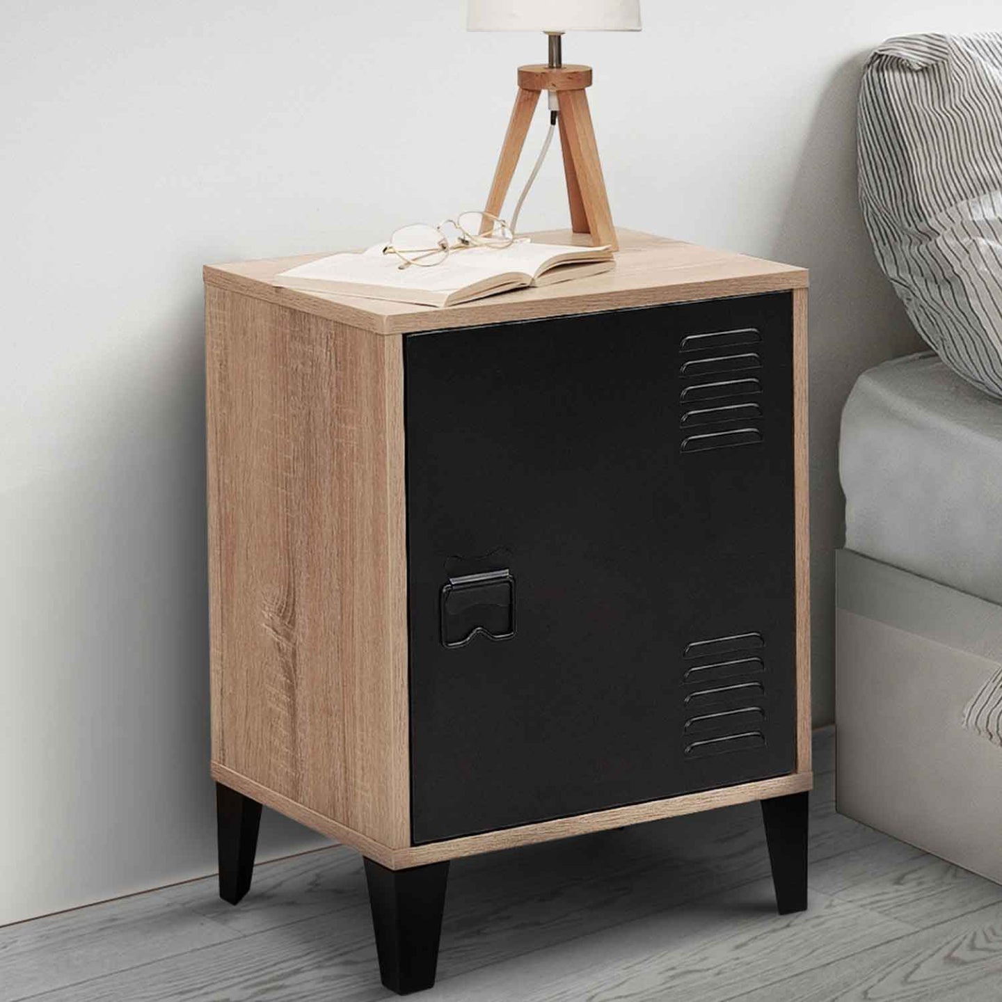 IDMarket - Comodino ESTER effetto legno con 1 anta in metallo nero, design industriale