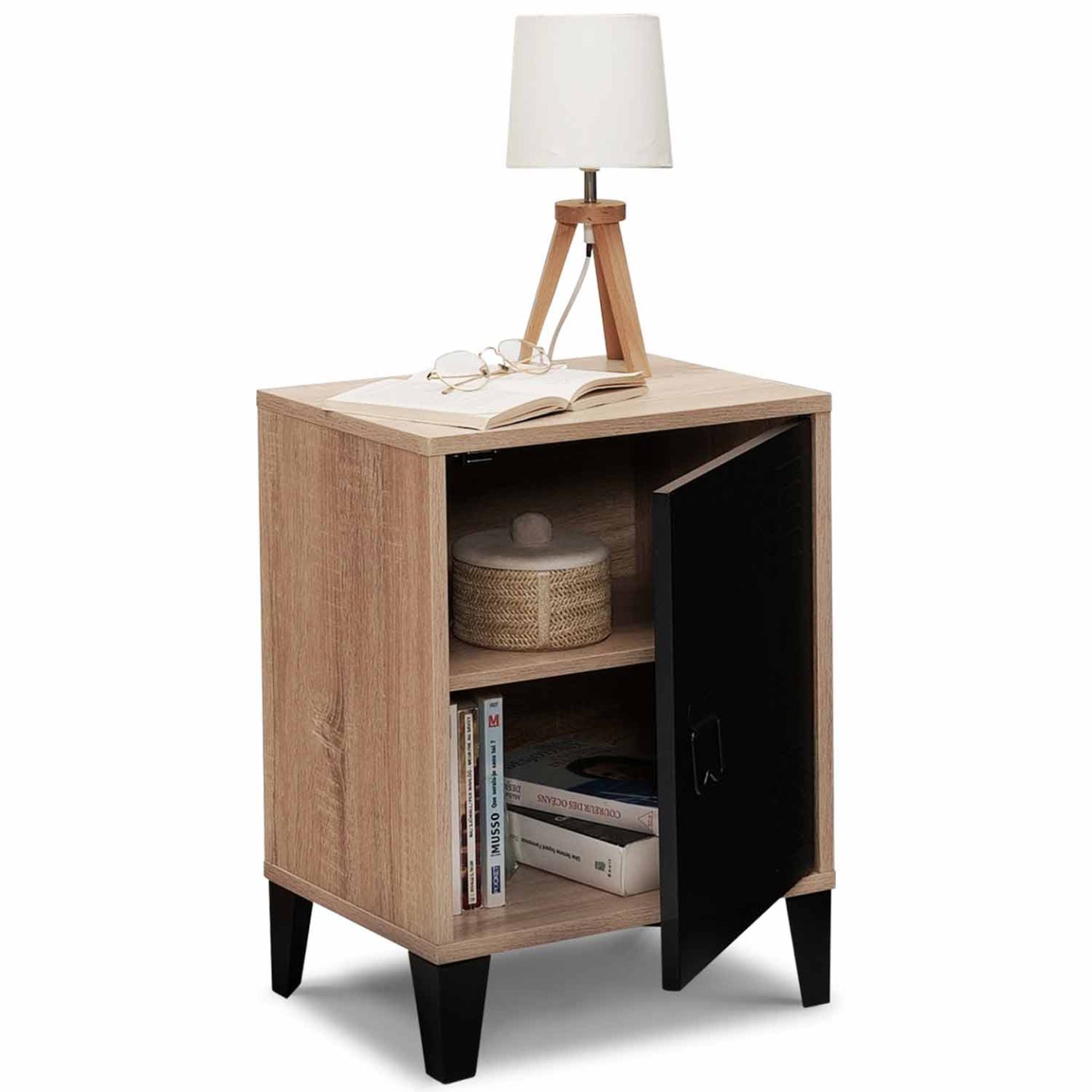 IDMarket - Comodino ESTER effetto legno con 1 anta in metallo nero, design industriale