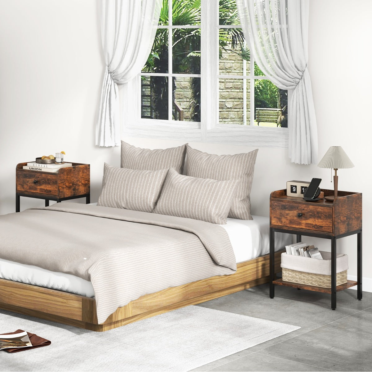 Comodino con cassetto e ripiano aperto, Tavolino stile industriale con telaio in metallo Marrone rustico-Comodini