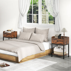 Comodino con cassetto e ripiano aperto, Tavolino stile industriale con telaio in metallo Marrone rustico-Comodini