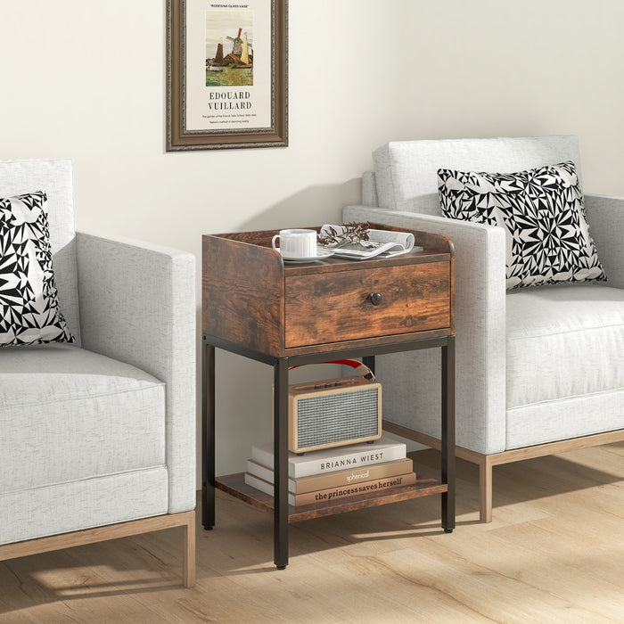 Comodino con cassetto e ripiano aperto, Tavolino stile industriale con telaio in metallo Marrone rustico-Comodini
