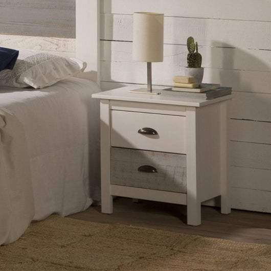 Comodino in legno massiccio bianco e grigio Romantica 46x35x49,5H – Eleganza Naturale con 2 cassetti