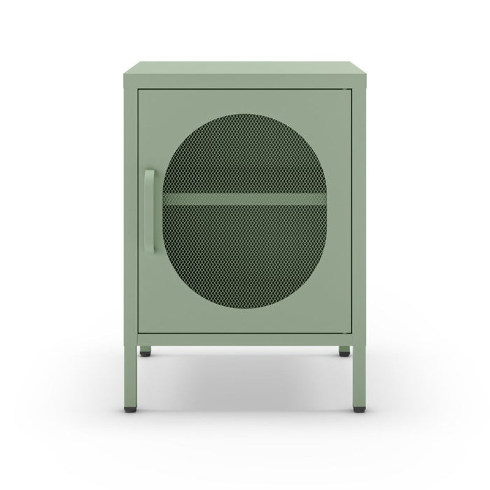 Comodino in metallo Diora verde menta con anta reticolata – Design industriale, anima versatile