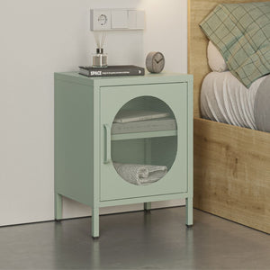 Comodino in metallo Diora verde menta con anta reticolata – Design industriale, anima versatile