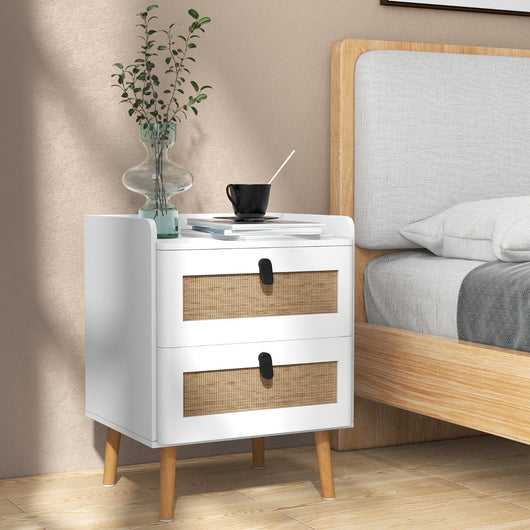 Comodino moderno con 2 cassetti gambe in legno massello stile boho, Tavolino laterale 45x40x57cm Bianco-Comodini