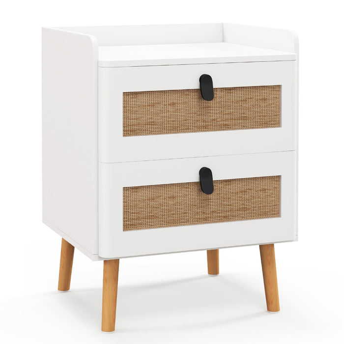 Comodino moderno con 2 cassetti gambe in legno massello stile boho, Tavolino laterale 45x40x57cm Bianco-Comodini