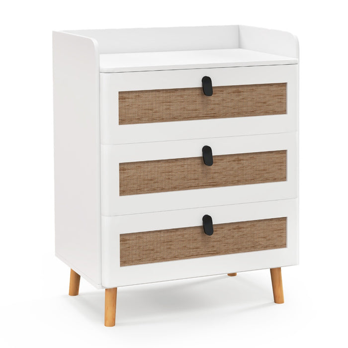 Comodino moderno con 3 cassetti gambe in legno massello stile boho, Tavolino laterale 60x39,5x75cm Bianco-Comodini