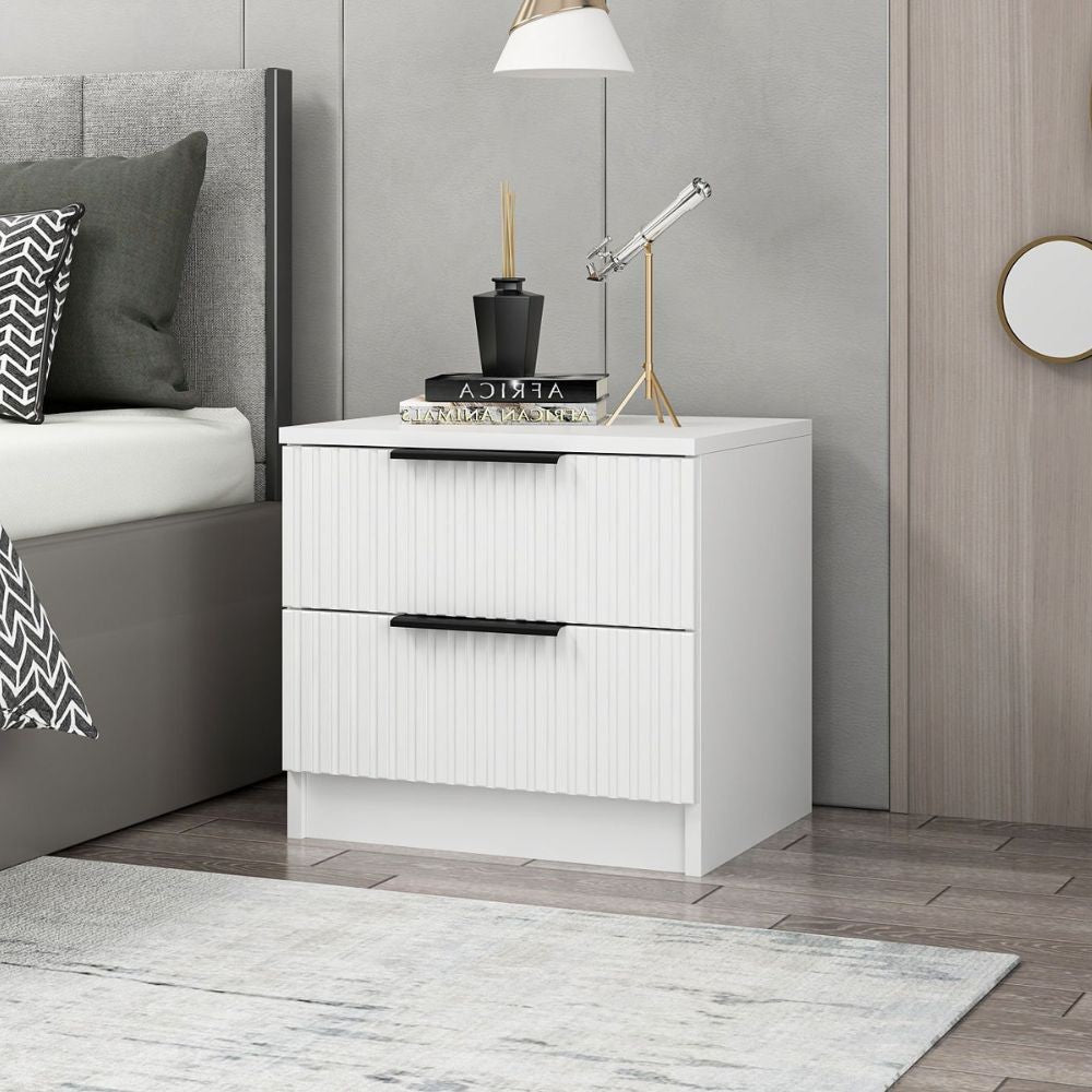 Comodino Kale bianco effetto cannettato due cassetti 50x40x47H