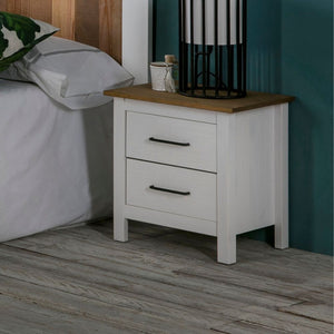 Comodino Miranda bianco con top pino e 2 cassetti in legno massiccio