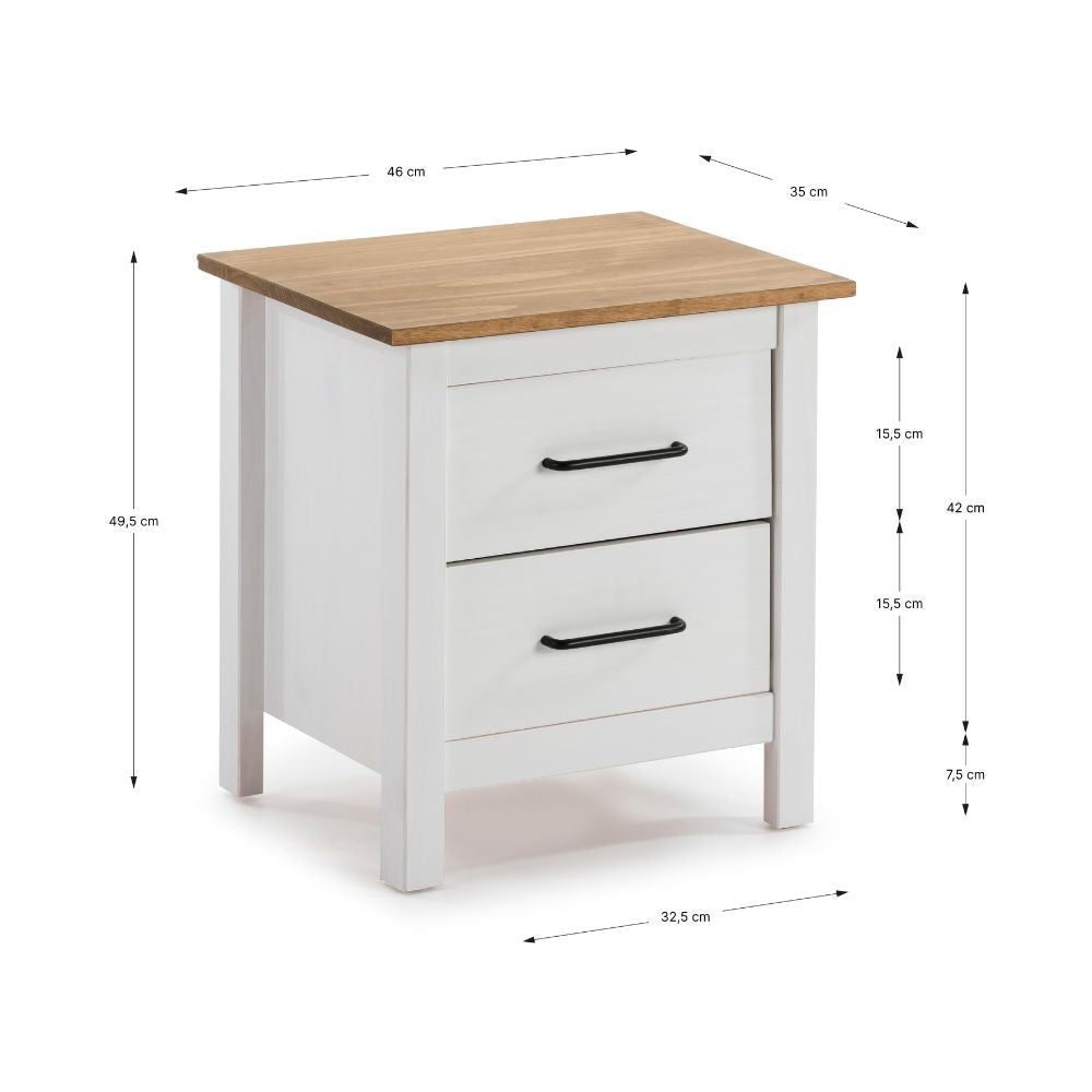 Comodino Miranda bianco con top pino e 2 cassetti in legno massiccio