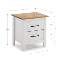 Comodino Miranda bianco con top pino e 2 cassetti in legno massiccio